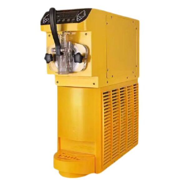 The Single Mould Popsicle Ice Lolly Machine FMK-4800 is yellow, with a clear dispenser, black handle, ventilated base, and a top control panel.