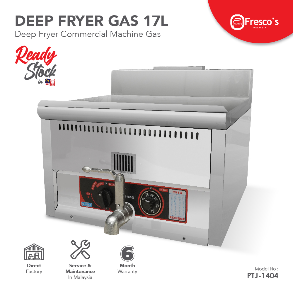The Deep Fryer 17L Machine Gas PTJ-1404 features a stainless steel body, control knobs, and a front faucet. Product is displayed with brand and warranty details.