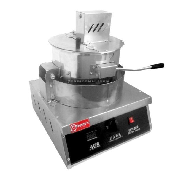 The Pop Corn Machine Gas Commercial (Small) GZHX0020 is a stainless steel unit by Fresco's with a digital display, control switches, and manual lever—ideal for commercial use.