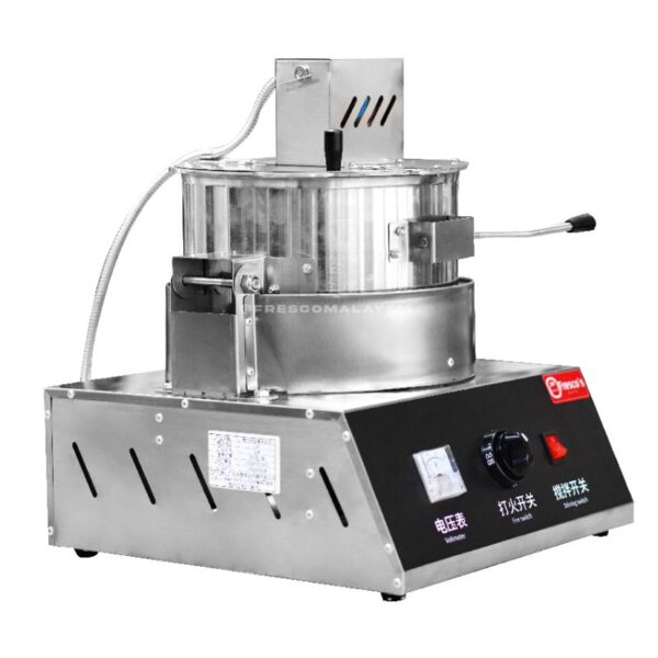 The Pop Corn Machine Gas Commercial (Small) GZHX0020 features a control panel, clear lid, and attached hose—ideal for industrial kitchens or integrating with commercial popcorn machine setups.