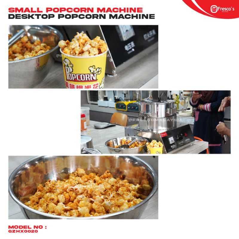 Three images showcase the Pop Corn Machine Gas Commercial (Small) GZHX0020 in action, a bowl of caramel popcorn, and a tub of popcorn on a countertop—ideal for any gas commercial setup or adding fun to your kitchen.