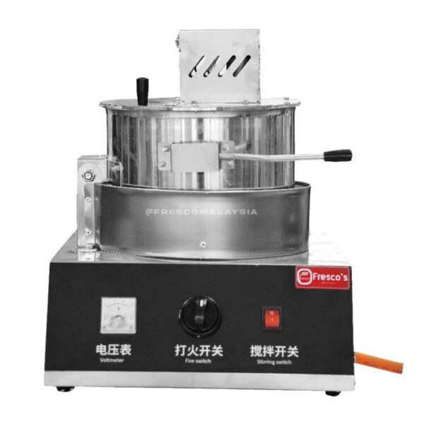 The Pop Corn Machine Gas Commercial (Small) GZHX0020 features control switches, a voltmeter, and branding on the front panel—perfect for making fresh popcorn on any tabletop.