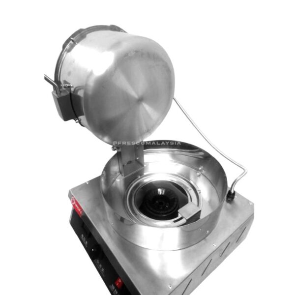 The Pop Corn Machine Gas Commercial (Small) GZHX0020 features a stainless steel build with an open lid, showcasing its inner chamber and side control panel—ideal for any gas-powered commercial setup.