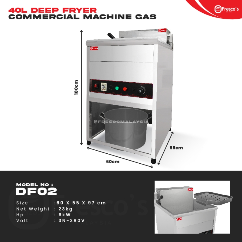 The 40L Deep Fryer Standing Electric DF02 measures 60x55x97 cm, weighs 23kg, and offers a powerful 9kW output. It includes a basket and oil container—ideal for commercial kitchens.