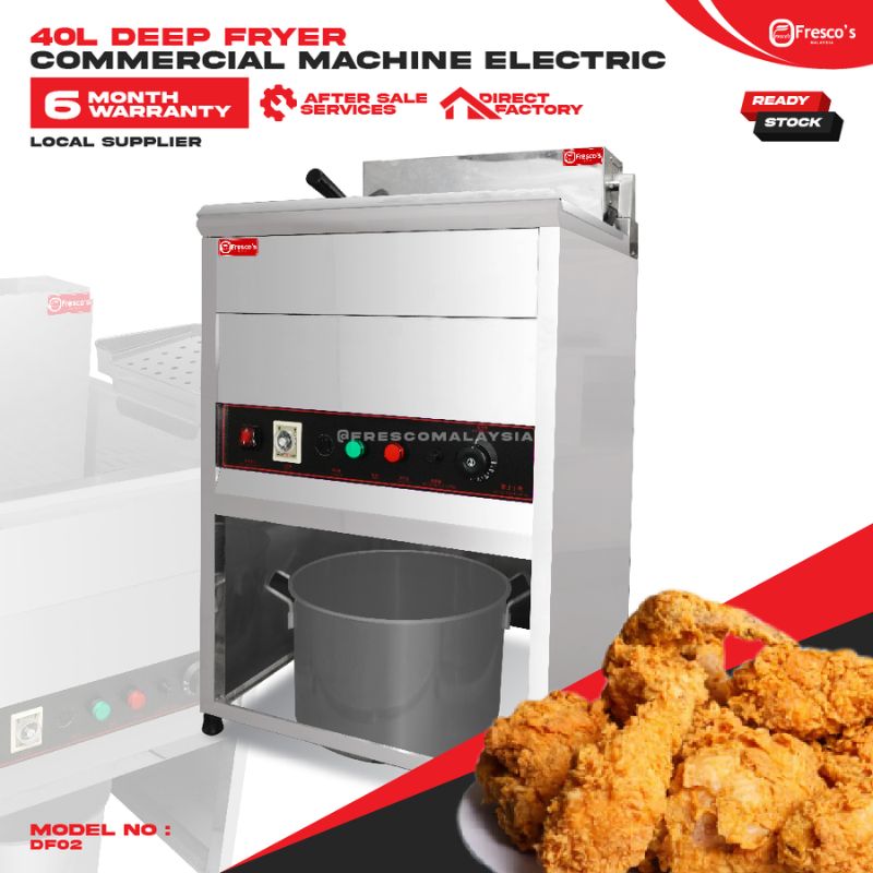 Deep Fryer Electric 23L with control panel and large pan, showcased with fried chicken. Features and warranty details are prominently displayed.