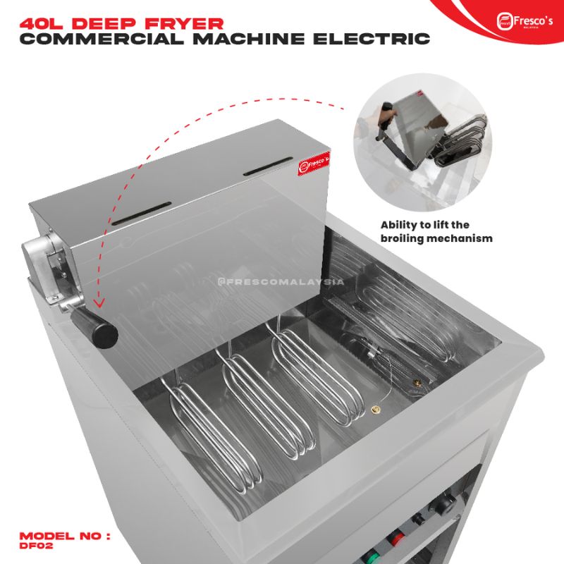 Commercial 23L electric deep fryer with visible broiling mechanism, featuring a stainless steel design and labeled as model DF02.
