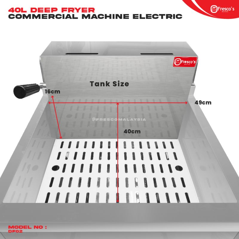 Image of a 23L electric deep fryer with labeled dimensions: 49cm height, 40cm width, and 16cm depth. Model No: DF02. Brand: Fresco.