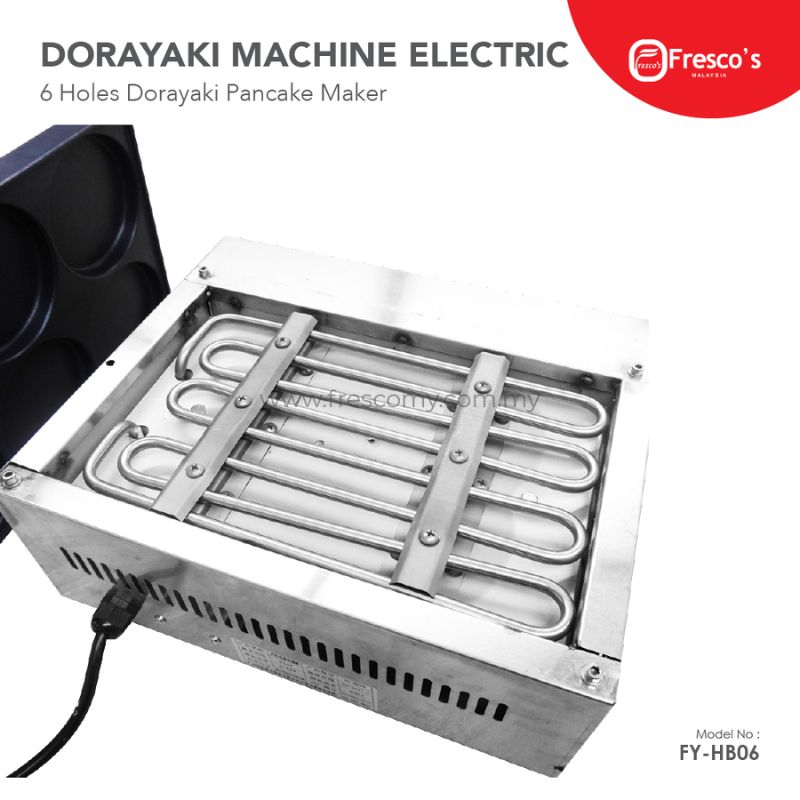 The Dorayaki 6 Holes Waffle Machine Electric FR-HB06 by Fresco's features six holes and a visible heating element, providing an efficient way to enjoy perfectly cooked treats. This versatile appliance doubles as a waffle maker for added convenience and delight.