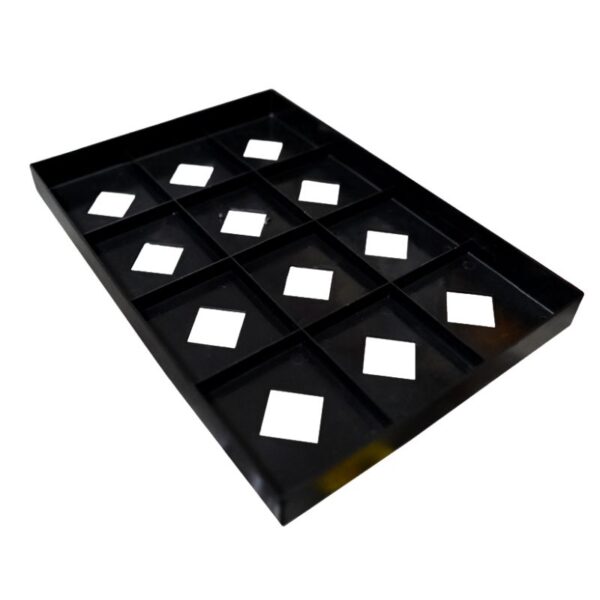 A black rectangular tray with twelve square compartments, each with a diamond-shaped cutout—designed for use with the Vacumm Sealer Packing Machine DZ400 FD2Q or similar packing machines.