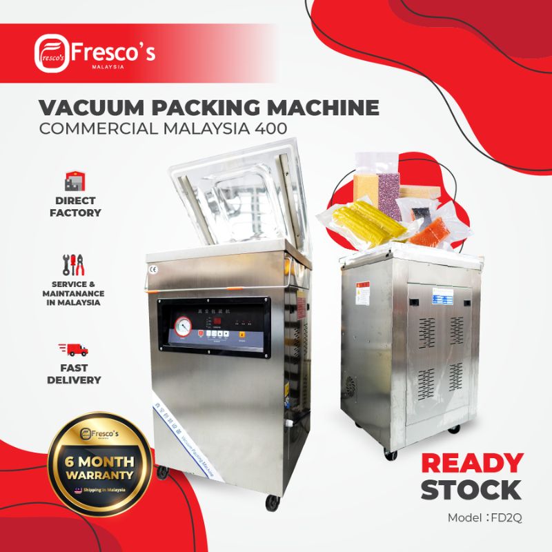 Two stainless steel Vacuum Sealer Packing Machines DZ400 FD2Q are shown with packaged food. Text highlights fast delivery, local service, 6-month warranty, and ready stock.