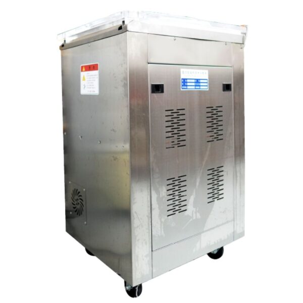 The Vacumm Sealer Packing Machine DZ400 FD2Q features a stainless steel body, wheels for mobility, a control panel, ventilation slots, and a side warning label.