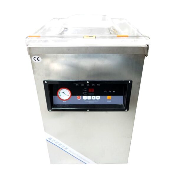 The Vacumm Sealer Packing Machine DZ400 FD2Q is a stainless steel commercial vacuum sealer with a clear lid, front control panel, buttons, and pressure gauge.