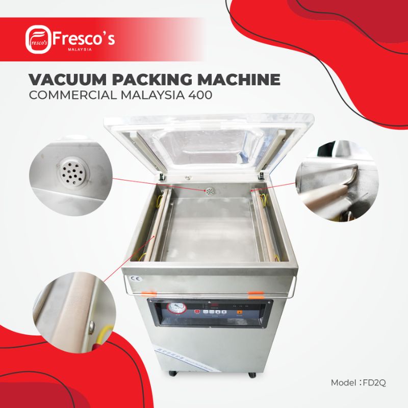 Vacuum Sealer Packing Machine DZ400 FD2Q with open lid, control panel, sealing bar, and vacuum chamber details highlighted. Model: DZ400 FD2Q.