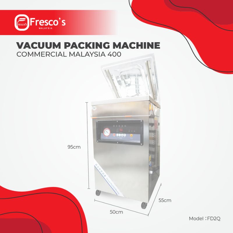 The Vacumm Sealer Packing Machine DZ400 FD2Q by Fresco's Malaysia features a stainless steel build, control panel, and dimensions of 95cm x 50cm x 55cm, offering performance and reliability comparable to the DZ400.