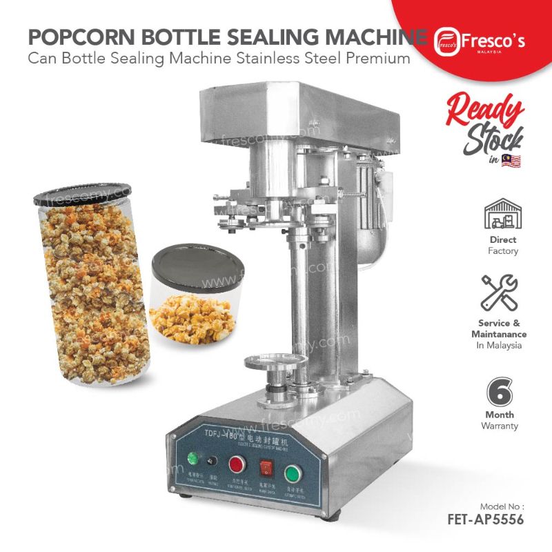 Pop Corn Can Bottle Sealing Machine Stainless Steel FET-AP5556 with control panel, shown beside two jars of caramel popcorn. Offers factory direct sales, maintenance service, and a 6-month warranty for reliable bottle sealing.