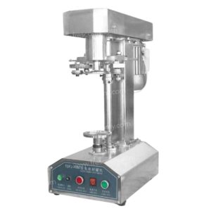 The Pop Corn Can Bottle Sealing Machine Stainless Steel FET-AP5556 features a control panel, buttons, and a cylindrical sealing mechanism on top—perfect for secure and efficient popcorn can closures.