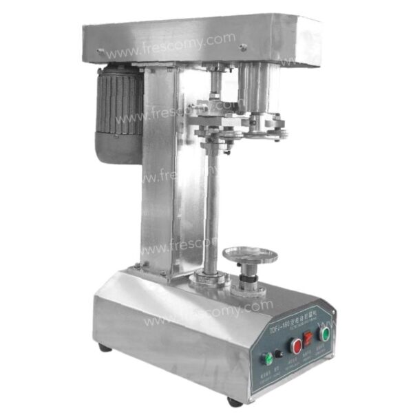 The Pop Corn Can Bottle Sealing Machine Stainless Steel FET-AP5556 features control buttons and indicator lights on the base, designed for automatic sealing of cans in food or beverage processing.