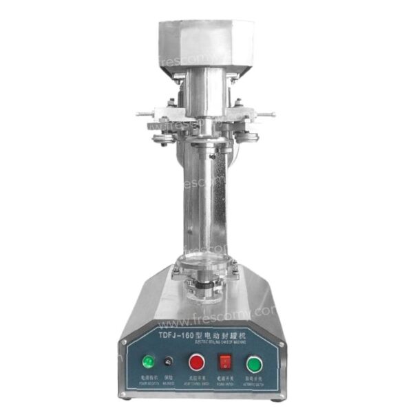The Pop Corn Can Bottle Sealing Machine Stainless Steel FET-AP5556 features labeled control buttons and indicator lights on the front panel, making it ideal for precise sealing of cans or bottles in various packaging applications.
