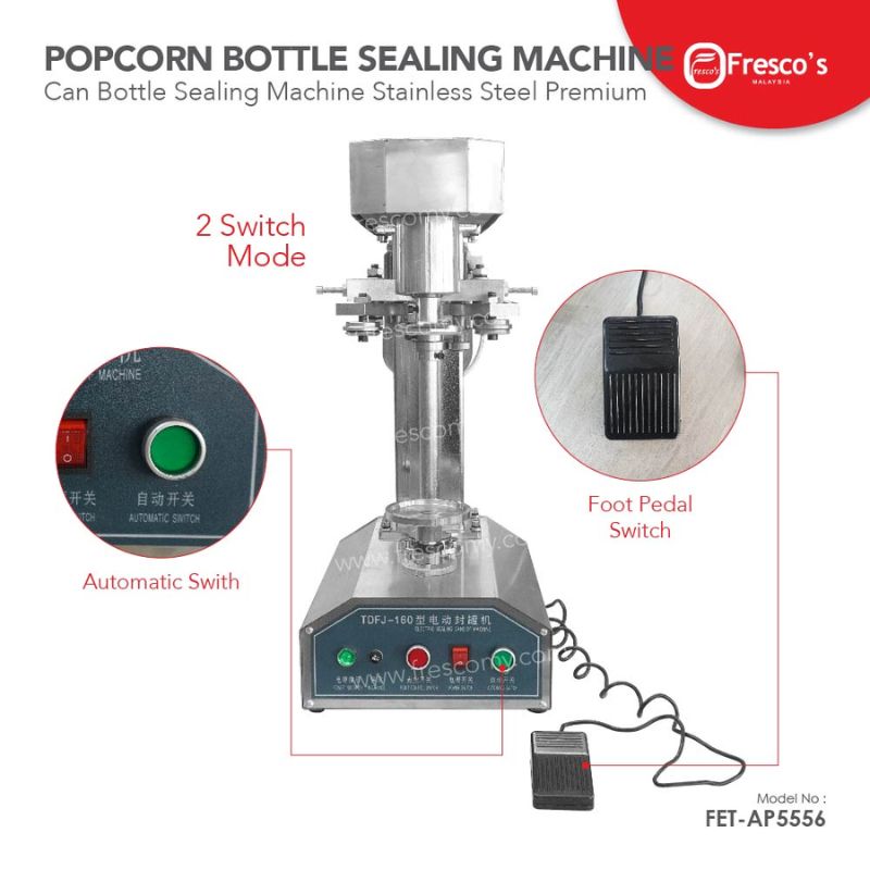 The Pop Corn Can Bottle Sealing Machine Stainless Steel FET-AP5556 features automatic and foot pedal switches, labeled parts, and is ideal for versatile can and bottle sealing applications.