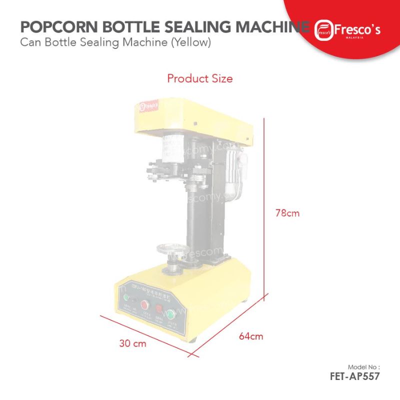 The Pop Corn Can Bottle Sealing Machine Yellow FET-AP557 by Fresco’s features a control panel and measures 78 cm (H) x 64 cm (D) x 30 cm (W), making it ideal for efficient popcorn bottle sealing and packaging.