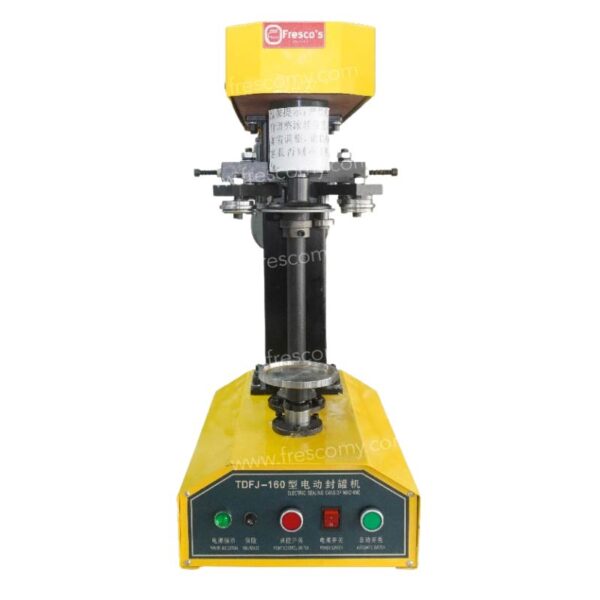 Yellow FET-AP557 Pop Corn Can Bottle Sealing Machine with control buttons, designed for sealing cans like popcorn cans, shown on a white background.