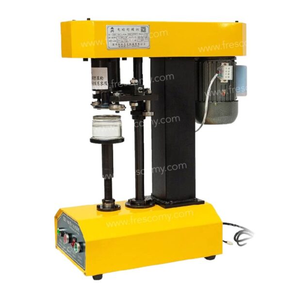 The Pop Corn Can Bottle Sealing Machine Yellow FET-AP557 features control buttons, an upright sealing mechanism, and a power cord—ideal for sealing jars or cans automatically.