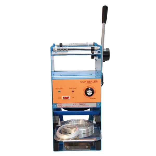 The Semi Auto Cup Sealing Machine FET-B7 includes a top handle for convenience, a central user-friendly control panel, and a durable cup holder at the base.