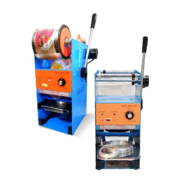 Two blue and orange Semi Auto Cup Sealing Machines FET-B7, featuring black handles for sealing drink containers with plastic film, are displayed: one in a side view and the other from the front.