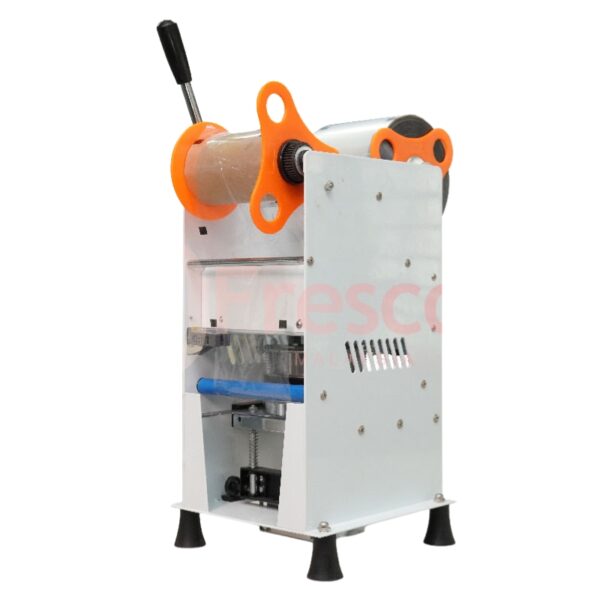The Semi Auto Cup Sealing Machine FET-B7 features a vertical design with an orange handle and roller, white metal body, and black feet, making it ideal for efficient and reliable cup sealing.