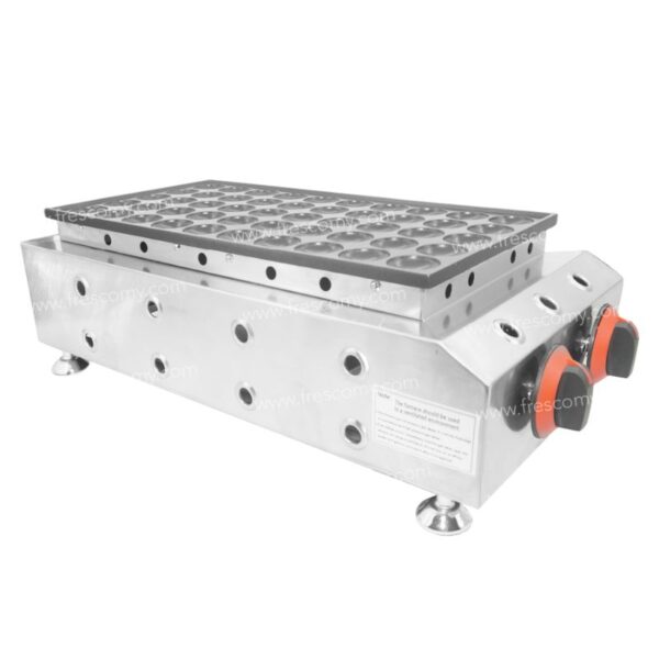 The Gas FNP-548 model is a Dorayaki Mini machine, featuring a rectangular design with a flat, perforated top and two orange control knobs on the side, expertly designed for streamlined processing functions.