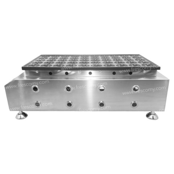 The Dorayaki Mini 50 Holes Machine Gas FNP-548 is a sturdy industrial stainless steel device with multiple circular openings, a sleek rectangular top panel, and supported by round feet, making it ideal for efficient operation and versatile use in modern culinary settings.
