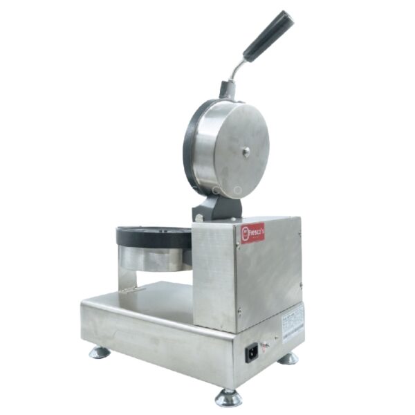 An electric burger patty press with a handle and round plate, mounted on a rectangular base—ideal for any kitchen, just like the Waffle Flower Water Tear Maker Electric FNP-689.