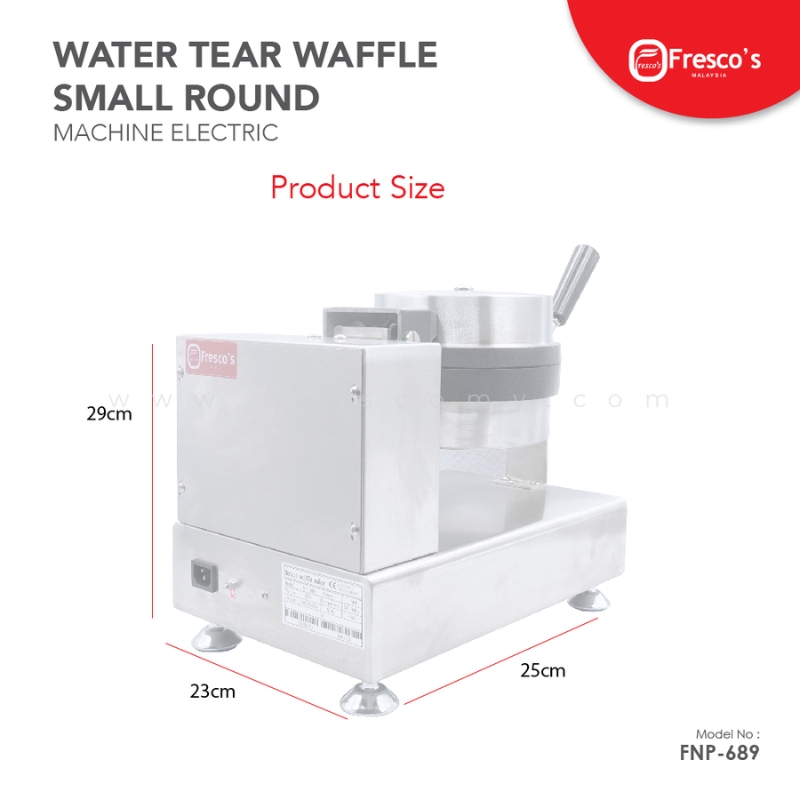 The Waffle Flower Water Tear Maker Electric FNP-689 is a compact waffle machine featuring a unique Waffle Flower design and measuring 29cm high, 23cm wide, and 25cm deep.