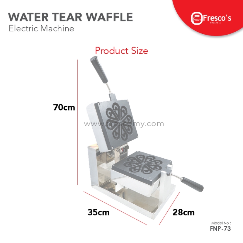 The Waffle Water Tear Electric Machine FNP-73 by Fresco’s, with top and side handles, is shown open. It measures 70cm in height, 35cm in length, and 28cm in width.