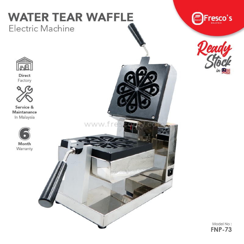 Waffle Water Tear Electric Machine FNP-73 features a stainless steel build, clover-shaped waffle mold, open lid, and black handles. Branding and warranty are visible. Perfect for making delicious breakfasts.