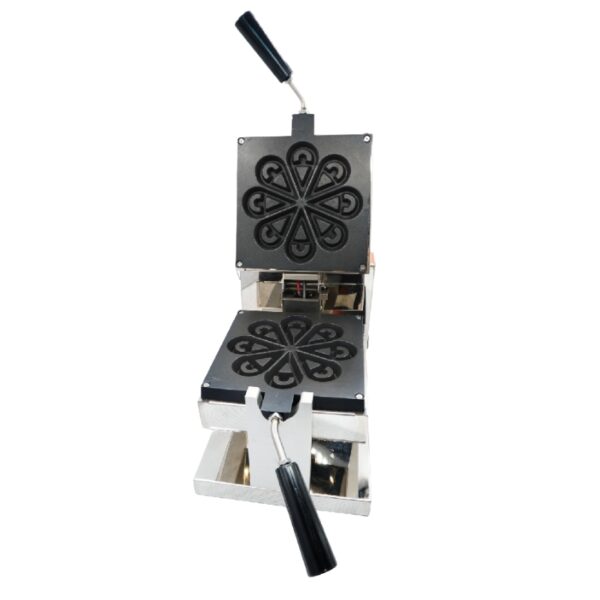 The Waffle Water Tear Electric Machine FNP-73 is a commercial waffle maker featuring heart-shaped molds, patterned cooking plates, and sleek black handles.