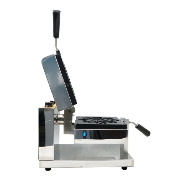 Side view of the Waffle Water Tear Electric Machine FNP-73 with a stainless steel body, open top plate, and handles on both the top and side.