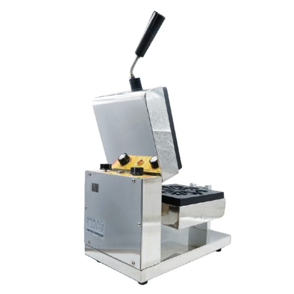 The Waffle Water Tear Electric Machine FNP-73 is a stainless steel commercial waffle maker featuring a black handle, open lid, control knobs, and grid plates for shaping perfect waffles.