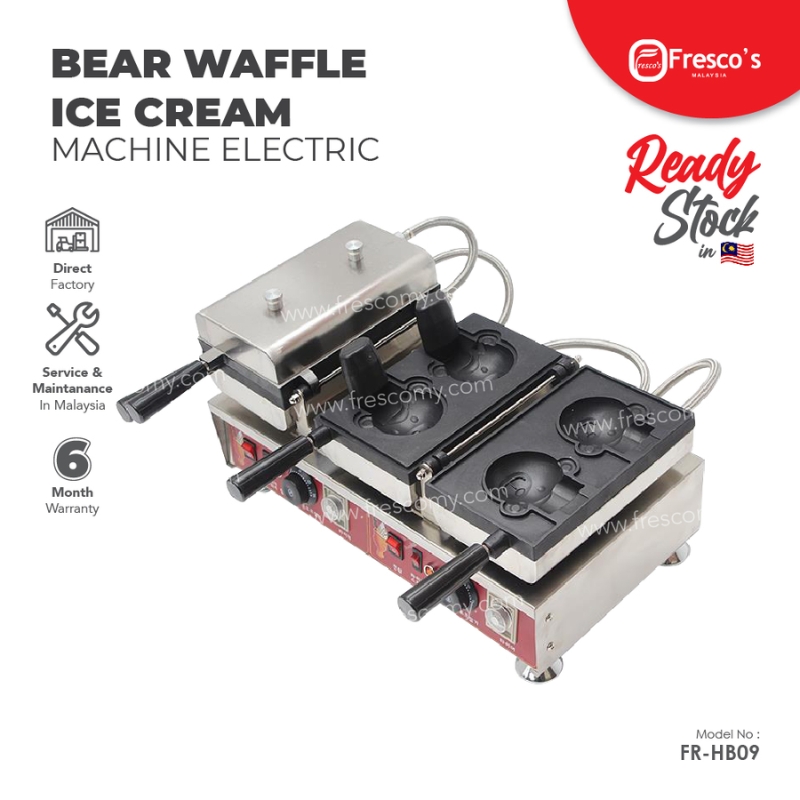 The Waffle Bear Ice Cream Machine Electric FNP-903 features dual waffle molds, metal handles, control knobs, and includes warranty and service info.