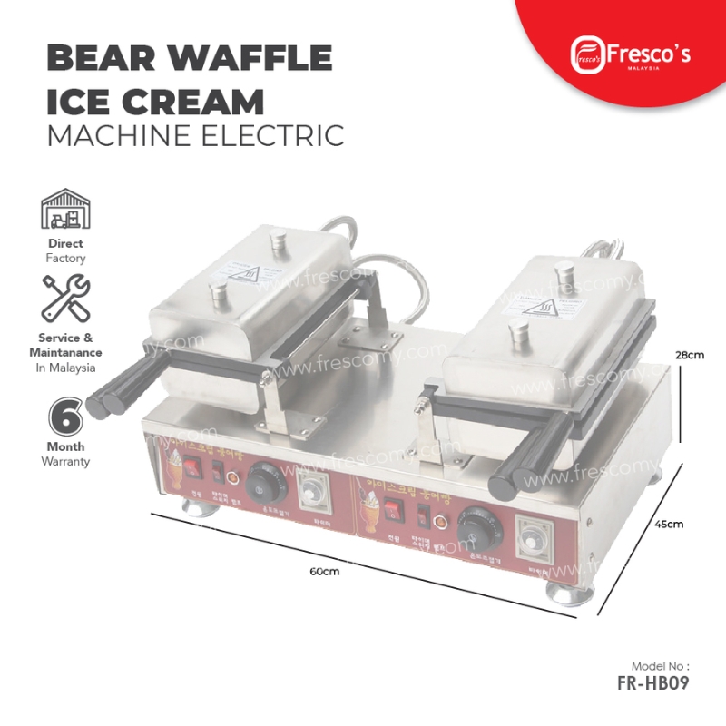 The Waffle Bear Ice Cream Machine Electric FNP-903 features two baking plates, user-friendly control knobs, labeled functions, and measures 60cm x 45cm x 28cm.