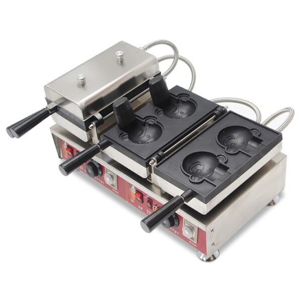 The Waffle Bear Ice Cream Machine Electric FNP-903 features a stainless steel build, two bear-shaped molds, ergonomic black handles, and user-friendly front control knobs.