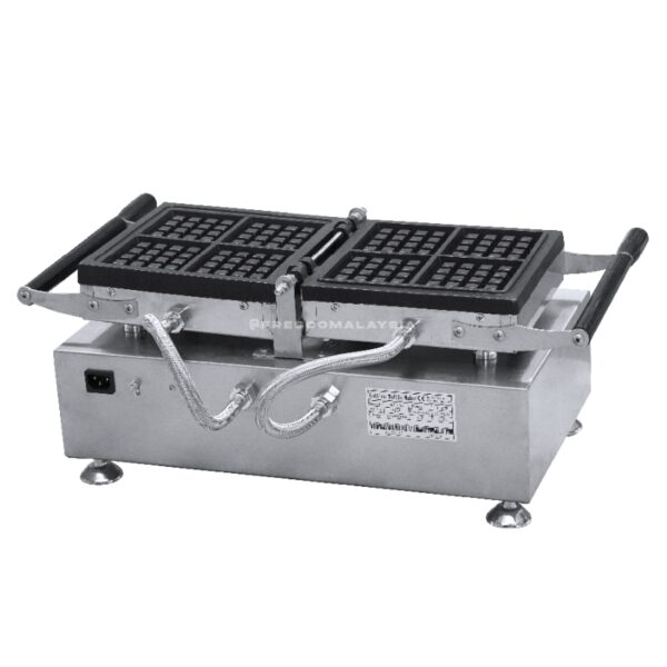 The Waffle 4 Square Maker NP456 FNP-908 features a stainless steel base, dual waffle plates, side handles, and a front easy-access power switch.