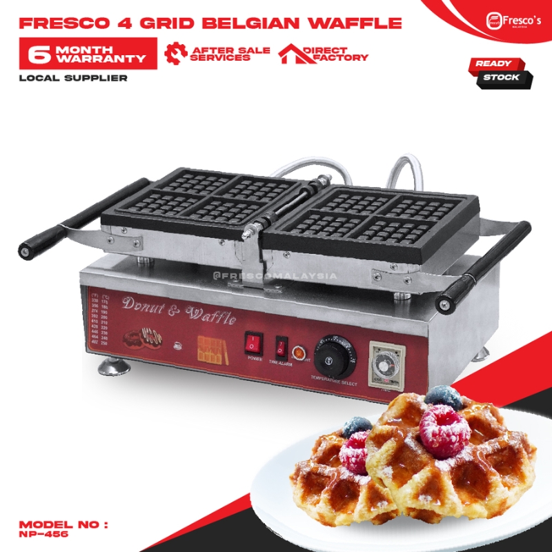 The Waffle 4 Square Maker NP456 FNP-908 is pictured in stainless steel with control dials, next to a plate of waffles garnished with berries and cream.