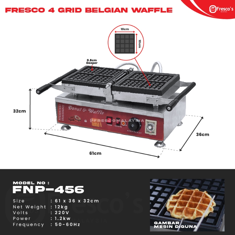 The Waffle 4 Square Maker NP456 FNP-908 has four square grids, temperature controls, sturdy handles, and stainless steel construction. It comes with product specs and a sample waffle for easy reference.