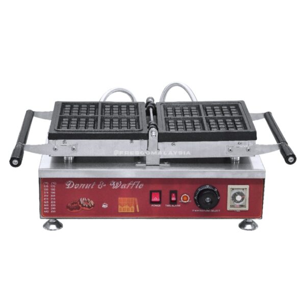 The Waffle 4 Square Maker NP456 FNP-908 has dual rectangular plates, control knobs, and indicator lights on a stainless steel base labeled "Donut & Waffle.