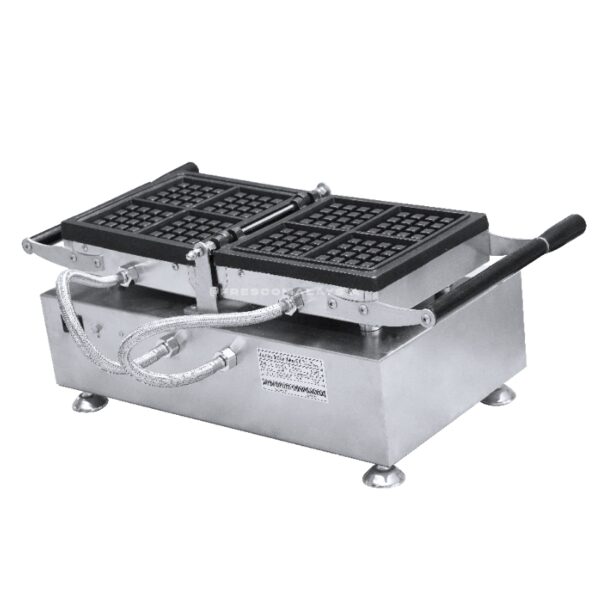 The Waffle 4 Square Maker NP456 FNP-908 is a commercial waffle maker featuring dual rectangular griddles, a durable metal housing, two handles, and attached flexible metal hoses.