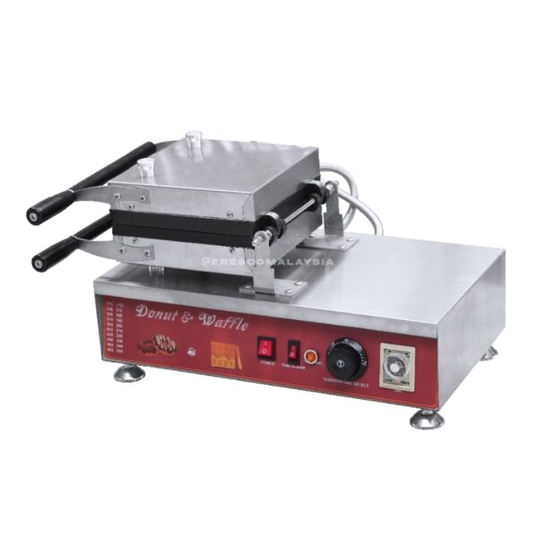 The Waffle 4 Square Maker NP456 FNP-908 features stainless steel construction, black handles, a temperature control dial, and front panel indicator lights.