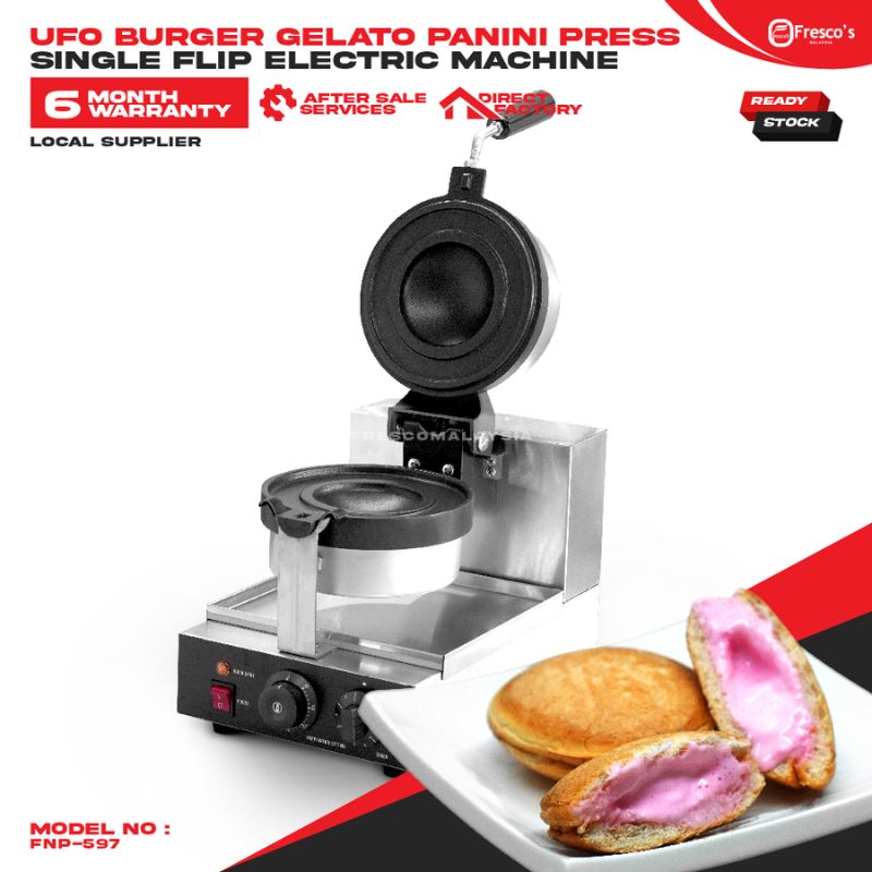 The Gelato Panini Press Ice Cream Burger Sandwich Machine FNP597 is shown open with two round, pink-filled pastries in front. Text highlights its warranty and model, showcasing this versatile tool for making ice cream burgers and other unique treats.