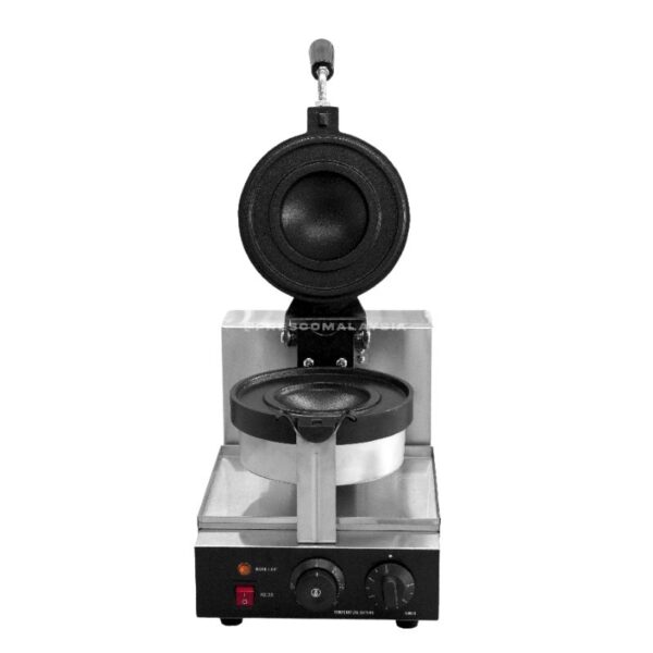 The Gelato Panini Press Ice Cream Burger Sandwich Machine FNP597 features black and silver design with open circular cooking plates and control knobs—ideal for creative desserts and treats like gelato paninis or sandwiches.