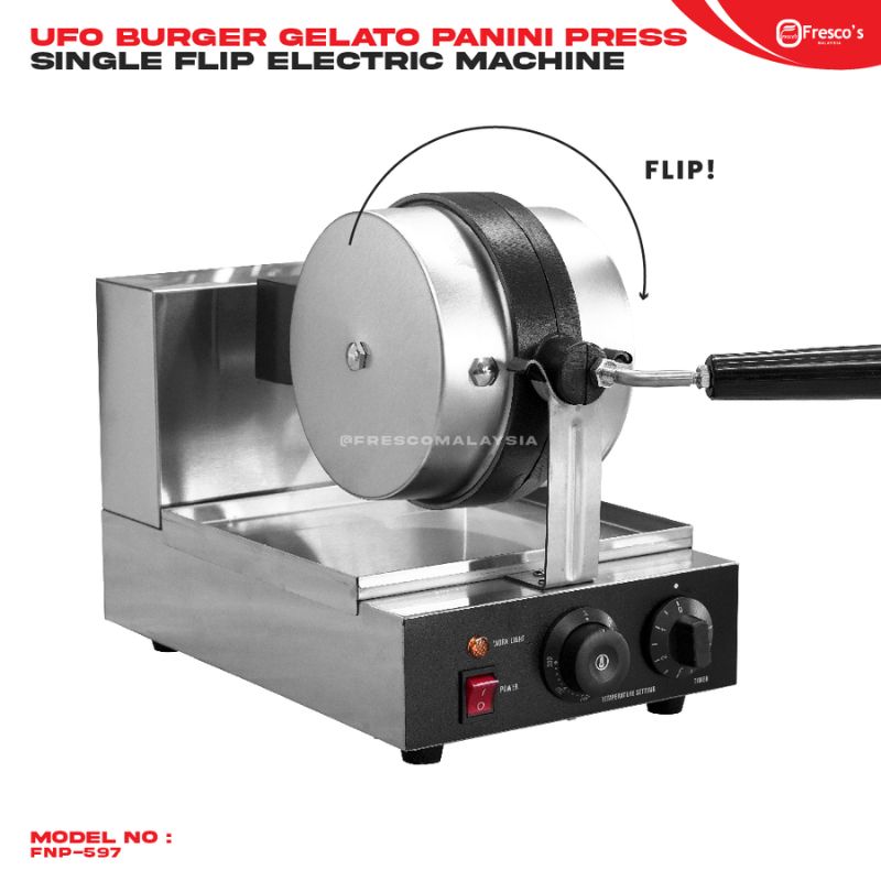 The Gelato Panini Press Ice Cream Burger Sandwich Machine FNP597 features a stainless steel build, round clamshell lid, control knobs, and "FLIP!" handle—ideal for making sandwiches or ice cream burgers. Displayed on a white background.